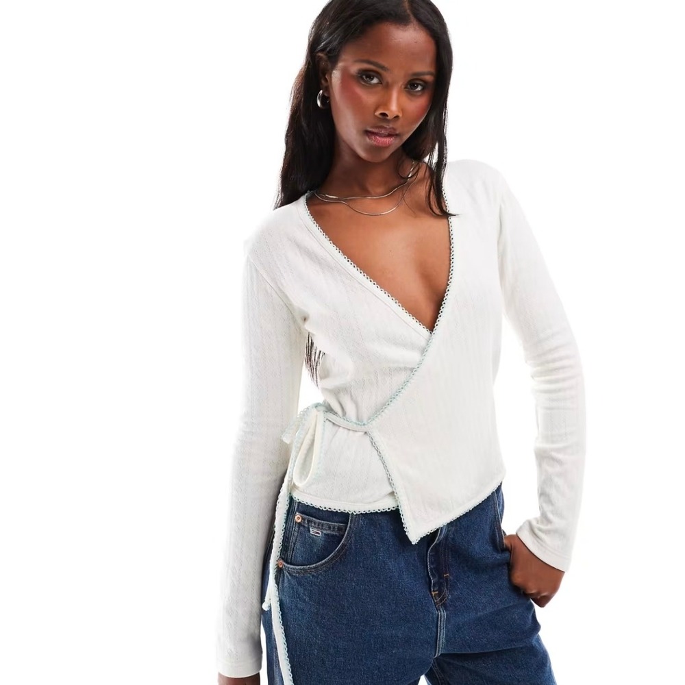 Daisy Street Cream Pointelle Wrap Top Lace Trim Long Sleeve V-Neck US M